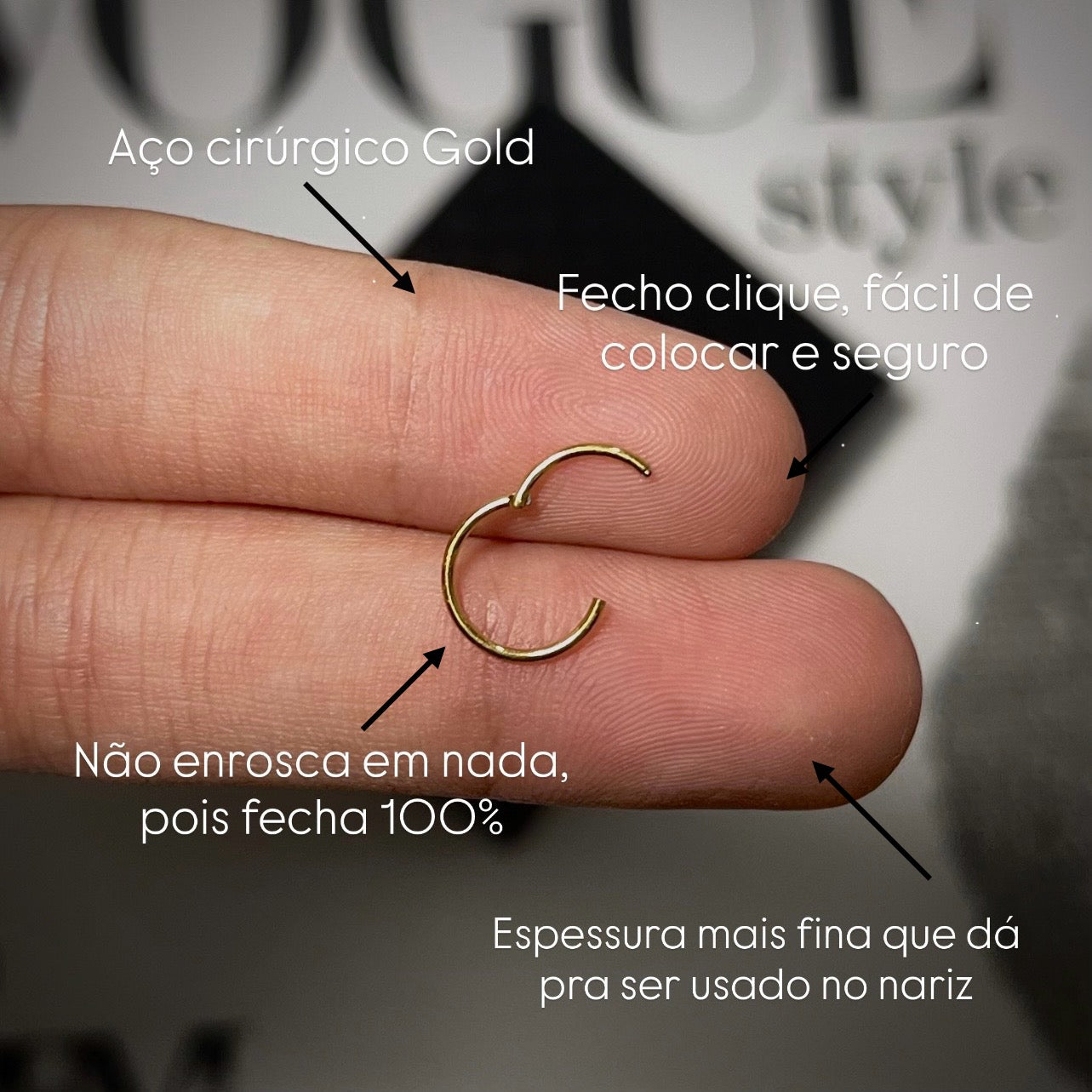 Piercing Argola Lisa Click – Aço Inoxidável PVD gold (Nariz/Hélix)